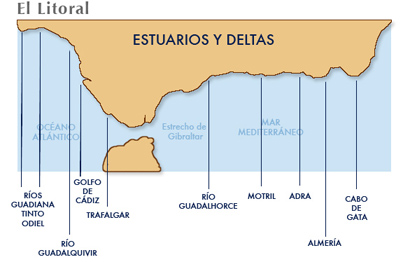 Mapa de estuarios y deltas de Andalucía